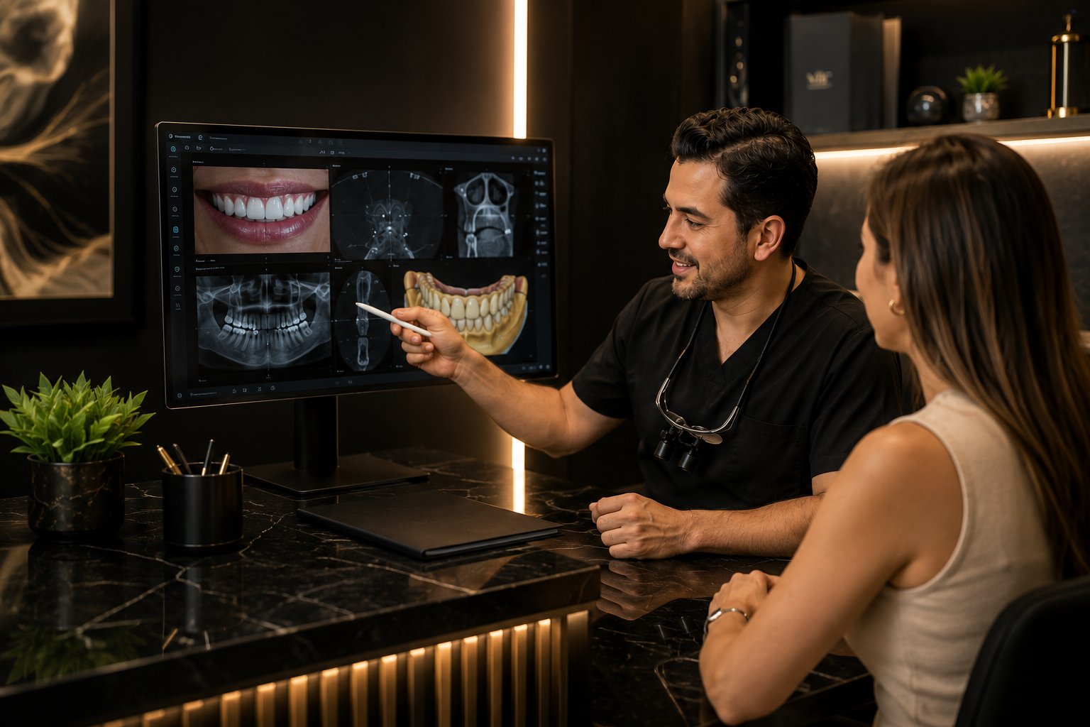 El Dr. Morán explica a una paciente su diagnóstico digital en Morán Dental Clinic